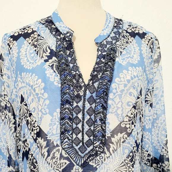 Peck & Peck Women's Blouse Size M Blue White Paisley Tunic Top Boho Embroidered - Picture 2 of 12
